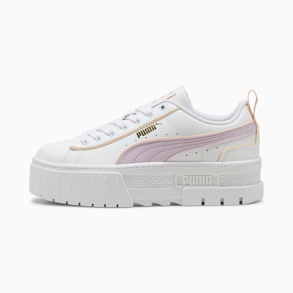 Puma Mayze Leather Piping Big Kids Sneakers - White-Grape Mist-Peach Fizz